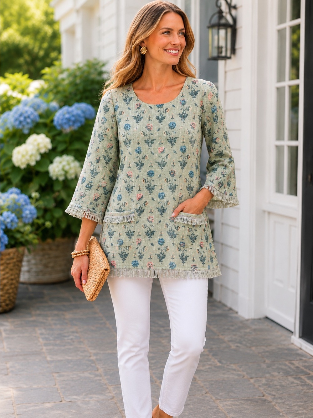 Tuckernuck Block Print Inspired Floral Fringe Linen Blend Top Sage Sz M